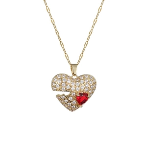 Collier cœur en or 18K avec cristaux blancs et pendentif petite pierre rouge