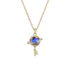 Golden planet key pendant necklace with colorful gradient zircon and starry sky design