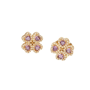 Exquisite gold-plated clover stud earrings with purple heart crystals and small white stones