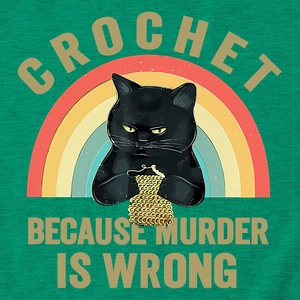 Détail du t-shirt vert crochet avec chat noir et le texte 'Because Murder is Wrong'