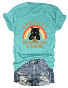 Détail de l'imprimé Crochet Because Murder Is Wrong sur un T-shirt vert paon en coton