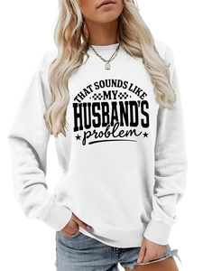 Detail view of ribbed cuffs and slogan print on a white long sleeve sweatshirt