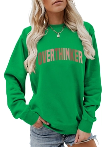 Detail of green crewneck sweatshirt featuring OVERTHINKER arched letter print on chest