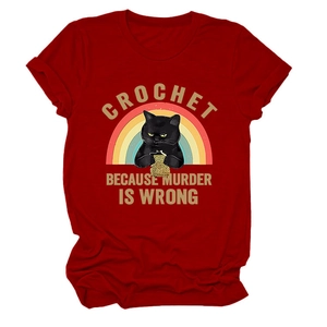 T-shirt rouge en coton avec motif de chat rigolo au crochet et imprimé arc-en-ciel rétro