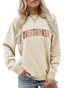 Close-up of beige crewneck sweatshirt with OVERTHINKER gradient letter print