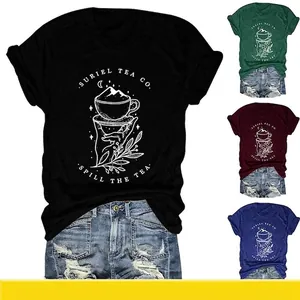 T-Shirt Graphique Femme Mélange Coton Manches Courtes Col Rond Coupe Ample Imprimé Lettres Décontracté Mode Été Haut