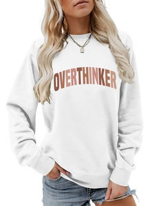 Close-up of Overthinker print on a white crewneck sweatshirt with ribbed cuffs and hem