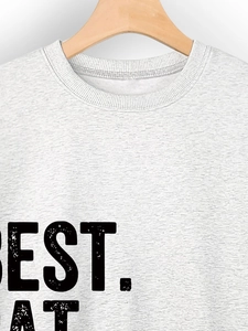 Detail of ribbed neckline and Best Cat Grandma printing on light grey cotton sweatshirt