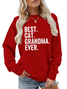 Close-up of red sweatshirt with BEST CAT GRANDMA EVER text and ribbed cuffs detail