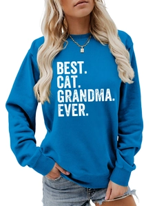 Detailed macro view of the vintage Best Cat Grandma Ever print on blue sweatshirt