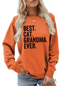 Detail of Best Cat Grandma Ever print on a casual orange crewneck sweatshirt