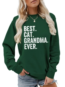 Detail of Best Cat Grandma Ever print on dark green crewneck sweatshirt with ribbed cuffs