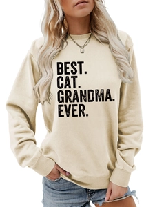 Detail of Best Cat Grandma Ever text on beige long sleeve crewneck sweatshirt