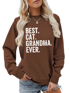Detail of the Best Cat Grandma Ever print on a dark coffee brown crewneck sweatshirt