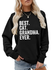 Close-up of Best Cat Grandma Ever print on black ribbed sweatshirt with vintage texture