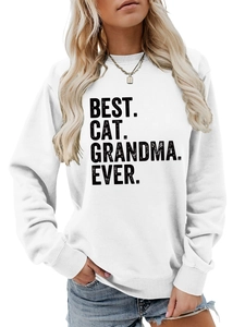 Close-up of Best Cat Grandma Ever print on white crewneck sweatshirt with ribbed cuffs