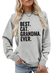 Detail of ribbed neckline and Best Cat Grandma Ever print on grey crewneck sweatshirt