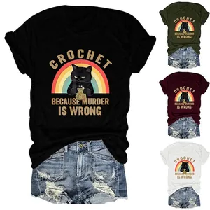 T-Shirt en Coton pour Femmes Amusant Chat Noir Crochet Murder Is Wrong Imprimé Graphique Col Rond Manches Courtes Rétro Arc-en-ciel Top