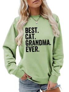 Close-up of Best Cat Grandma Ever print on light green ribbed collar sweatshirt