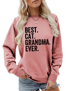 Detail of Best Cat Grandma Ever print on a soft dusty pink long sleeve sweatshirt
