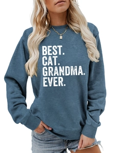 Detail of Best Cat Grandma Ever print on blue crewneck sweatshirt with vintage style