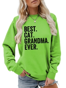Detail of Best Cat Grandma Ever slogan print on green ribbed crewneck sweatshirt