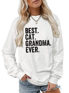 Detail of Best Cat Grandma Ever slogan print on a grey casual long sleeve sweatshirt