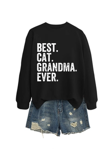 Detail showing Best Cat Grandma Ever sweatshirt paired with distressed denim shorts set