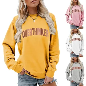 Women Overthinker Letter Print Crewneck Sweatshirt Casual Long Sleeve Cotton Blend Pullover Autumn Winter Fashion Top