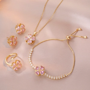 Luxury Rotating Pink Heart Zirconia Four Leaf Clover Necklace Earrings Open Ring And Bracelet Gold Plated Stainless Steel Jewelry