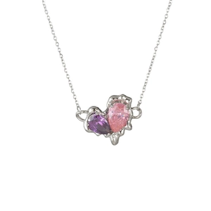 Modern irregular liquid silver necklace with pink and purple heart zircon waterdrop pendant