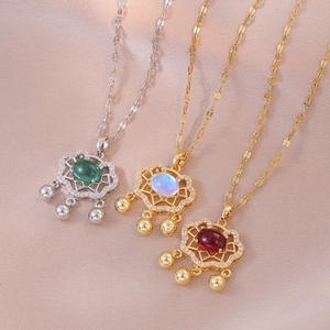 Vintage Edelstahl Ruyi Schloss Halskette Für Damen Vergoldet Zirkonia Künstlicher Mondstein Elegante Schlüsselbeinkette