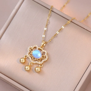 Elegant gold Ruyi lock necklace with blue moonstone and white zircons for women