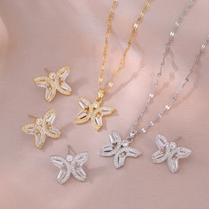Butterfly Pendant Necklace Earrings Silver Earring Post Titanium Steel Micro Paved Zirconia Fashion Jewelry For Women