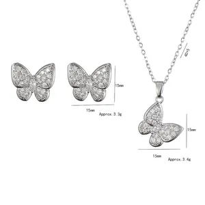 Butterfly necklace and earrings set in silver stainless steel with sparkling cubic zirconia