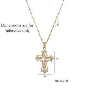 Goldene Kreuzkette für Damen mit weißen Zirkonia-Steinen an einer feinen Gliederkette