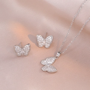 Butterfly Necklace And Stud Earrings Stainless Steel With Silver Earring Post Inlaid Zircon Elegant Fashion Jewelry For Women