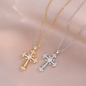Vintage Kreuz Anhänger Halskette Edelstahl Mit Zirkon Eingelegt Light Luxury Stil Schmuck Für Damen