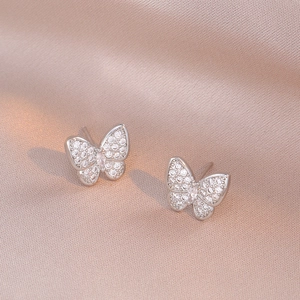 Elegant sterling silver butterfly stud earrings with sparkling cubic zirconia pavé setting