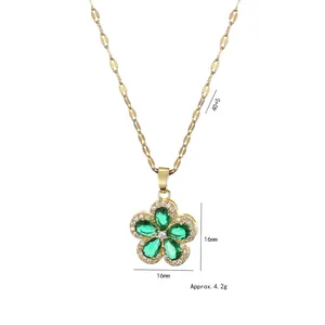 Collier fleur dorée avec zircons verts et chaîne réglable style bambou de 40+5cm