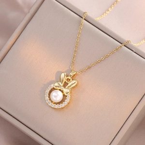 Süße Hasenohr Anhänger Halskette Mit Künstliche Perle Und Zirkonia Edelstahl Schleife Süßer Modeschmuck Für Damen