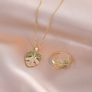 Monstera Leaf Necklace And Ring Stainless Steel Gold Plated Green White Zircon Tropical Style Elegant Nature Inspired For Women