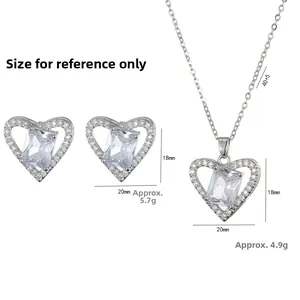 Detailed size view of silver heart jewelry set featuring zircon stones and dimensions