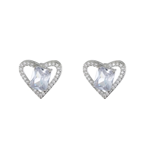 Detail of silver heart stud earrings with emerald-cut central stones and zircon accents