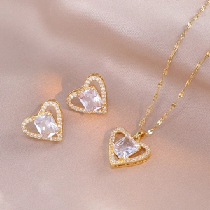 Women Heart Jewelry Titanium Steel Zirconia Necklace And Stud Earrings Elegant Luxury Korean Style Accessories