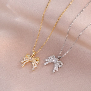 Butterfly Bow Pendant Necklace Stainless Steel Zircon Rhinestone Inlaid Elegant Jewelry For Women