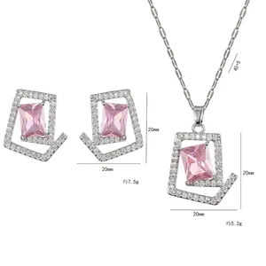 Elegant silver jewelry set with pink rectangle stones and pave zircon geometric accents