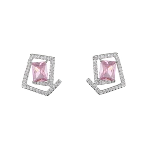 Detail of silver-plated geometric earrings with emerald-cut pink zircon and pavé setting