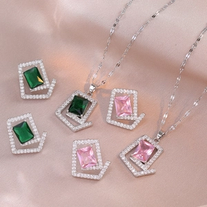 Square Frame Necklace Earrings Titanium Steel Copper Cubic Zirconia Emerald Green 925 Sterling Silver Earring Post Women