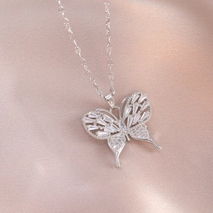 Silver Butterfly Pendant Necklace Stainless Steel With Cubic Zirconia Sparkling Sweet Elegant Jewelry For Women